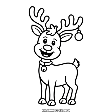 A reindeer standing side on, grinning, with round baubles hanging from its branched antlers and a bell on its collar