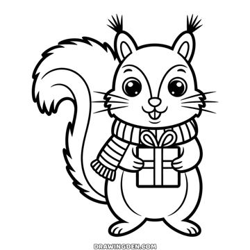 Squirrel in a striped scarf holding a wrapped Christmas present, bushy tail curled behind