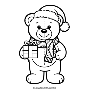 Christmas teddy bear with stitched seams, a Santa hat and a scarf, holding a wrapped present