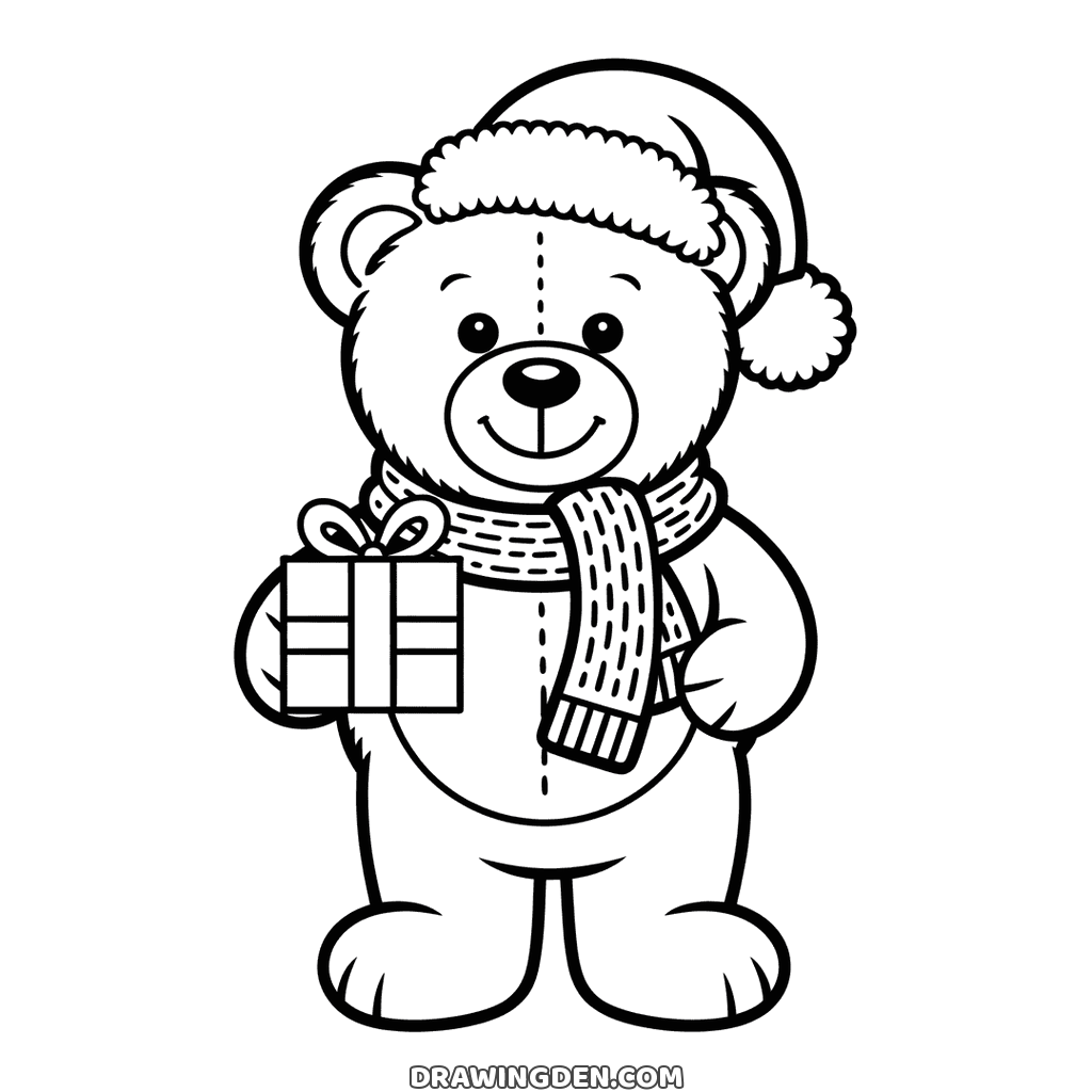 Christmas teddy bear with stitched seams, a Santa hat and a scarf, holding a wrapped present