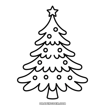 Christmas tree drawn in layered scalloped tiers with round baubles across them and a star on top