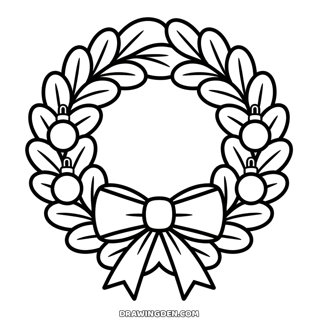 A circular wreath built from pointed leaves all around the ring, with clusters of berries spaced through it and a large bow at the bottom