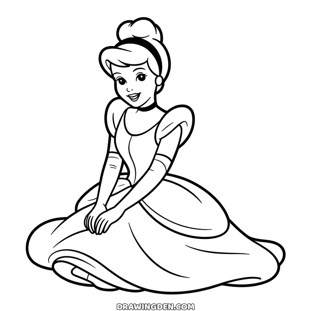Cinderella the Disney princess kneeling with her ball gown skirt spread wide across the floor around her