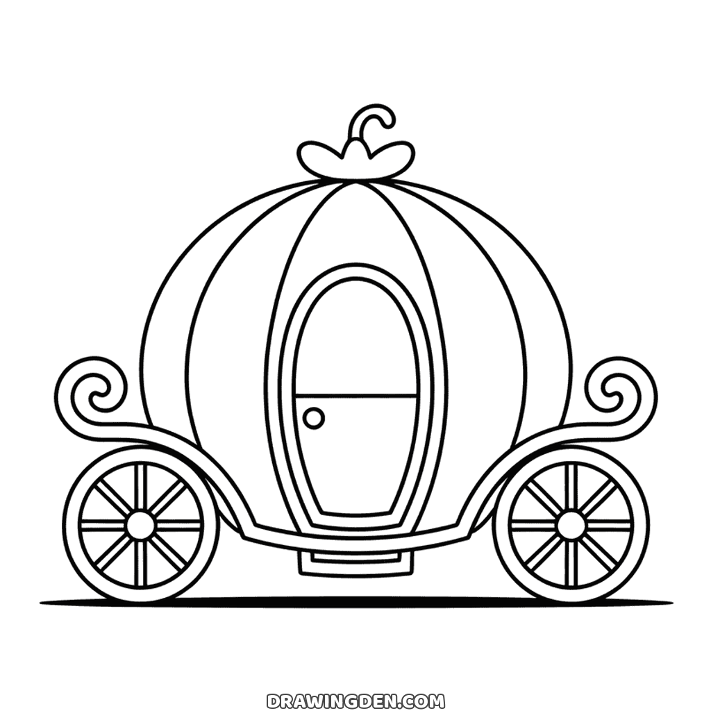 Princess Cinderella pumpkin coach drawing with a ribbed body, oval door and four spoked wheels