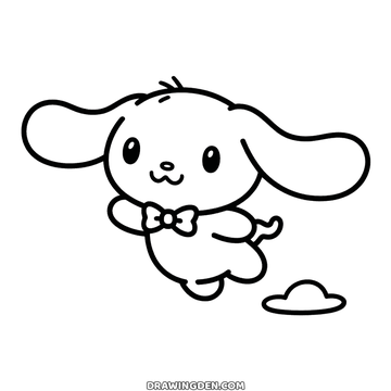 Picture to color: Cinnamoroll floating with both long ears spread wide, a bow tie at his neck and a small cloud below him