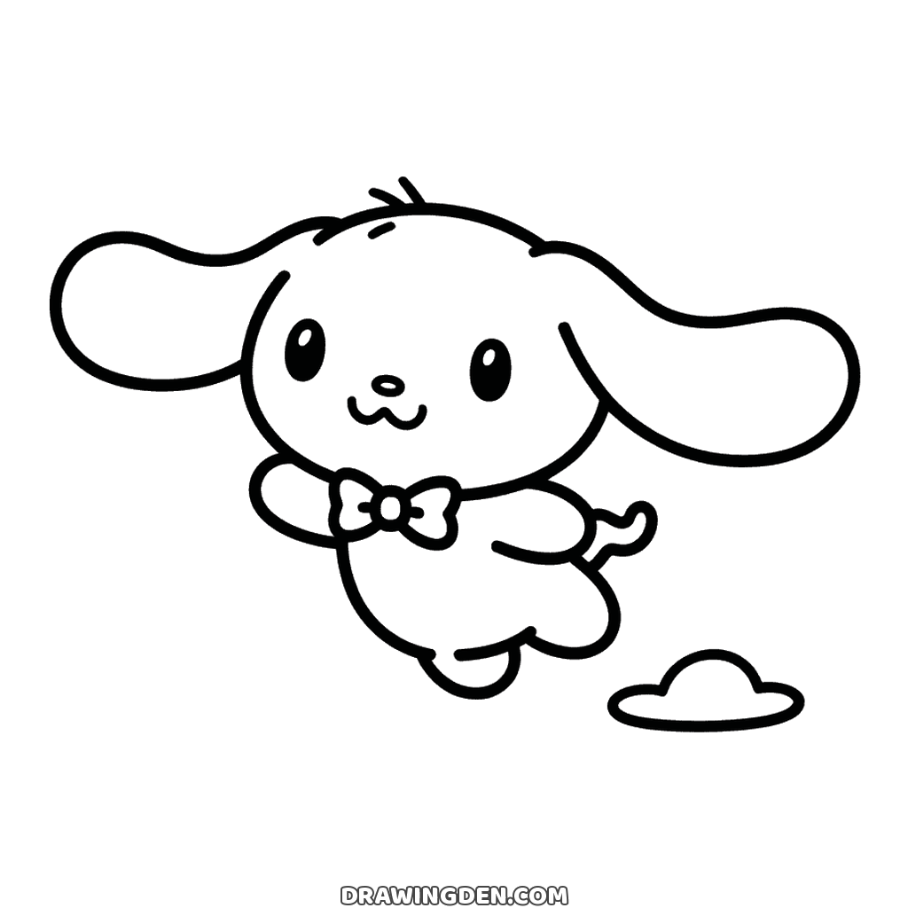 Picture to color: Cinnamoroll floating with both long ears spread wide, a bow tie at his neck and a small cloud below him