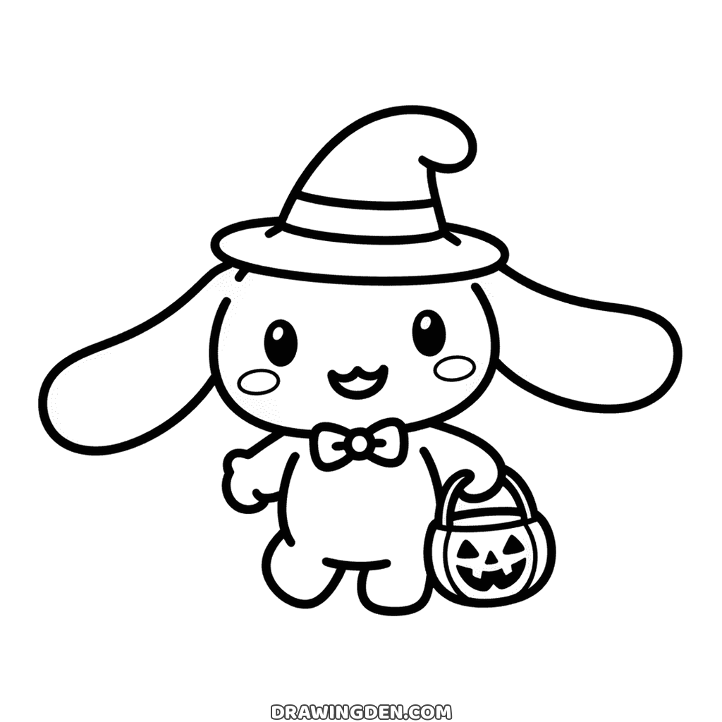 Halloween Cinnamoroll coloring page in a pointed witch hat, long ears down, carrying a pumpkin pail