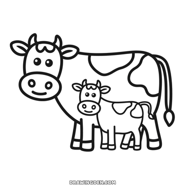 Cow and calf drawing: a big spotted farm cow with a long tufted tail and her small calf standing in front of her, both smiling