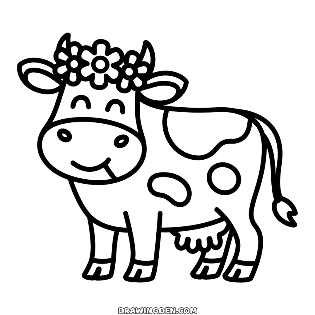 Smiling farm cow with her eyes closed and three flowers on her head between the horns, spots on her body and a tufted tail