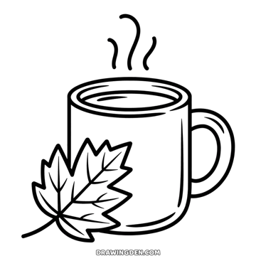 Steaming mug of hot drink with a large fall leaf in front of it, simple cozy autumn coloring page