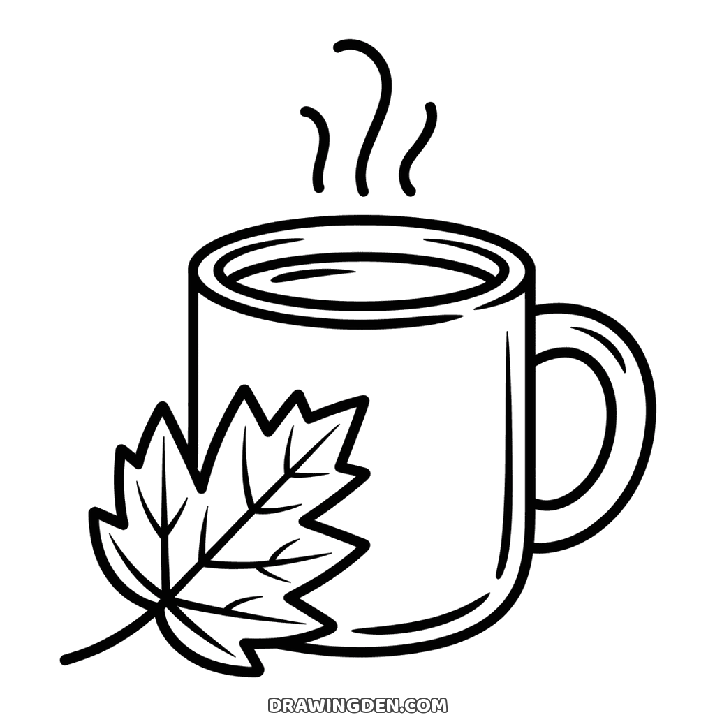 Steaming mug of hot drink with a large fall leaf in front of it, simple cozy autumn coloring page