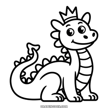 Dragon with a crown drawing, a friendly standing dragon wearing a small pointed crown between its horns