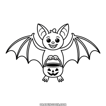 Dessin gratuit de chauve-souris à imprimer, ailes déployées et seau à bonbons entre les pattes