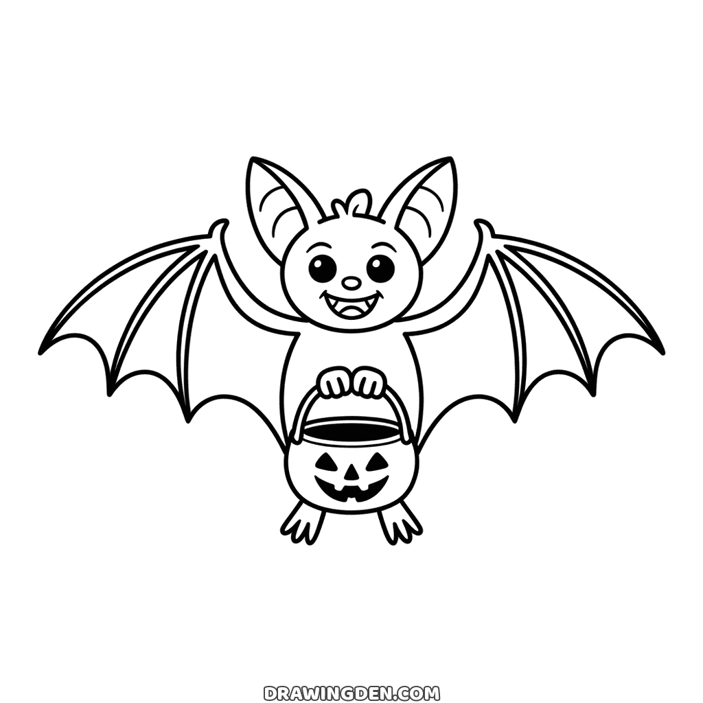 Dessin gratuit de chauve-souris à imprimer, ailes déployées et seau à bonbons entre les pattes