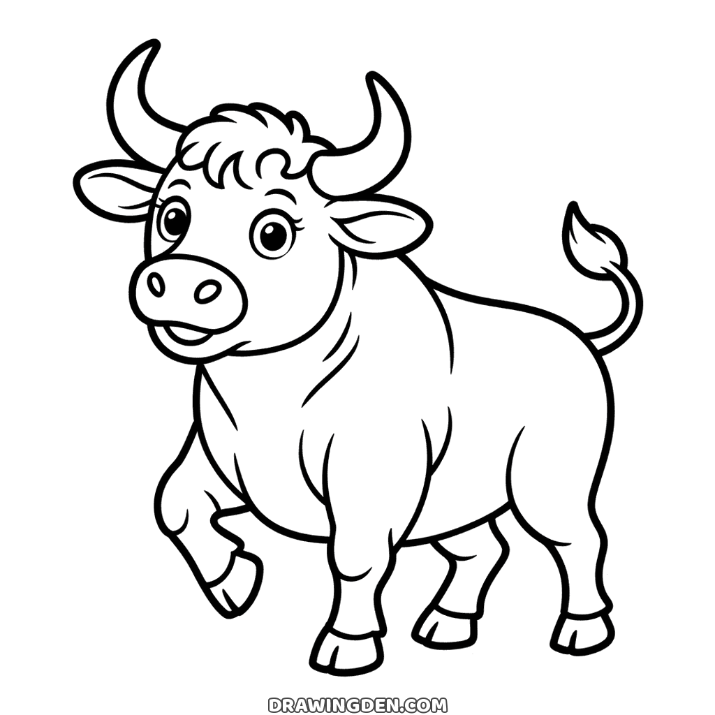 Cute farm bull trotting with one front hoof raised, curved horns, a curly forelock, big eyes and a tufted tail curling up