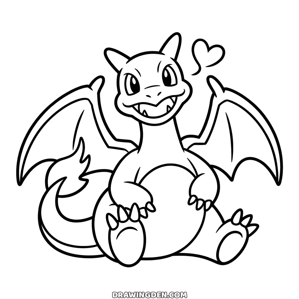 Cute Pokémon Charizard sitting with his wings open, a wide toothy grin, his feet facing out and a small heart floating beside his head