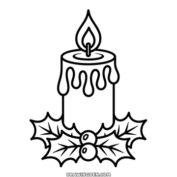 Christmas candle drawing to color: running wax, a lit flame and holly leaves at its base