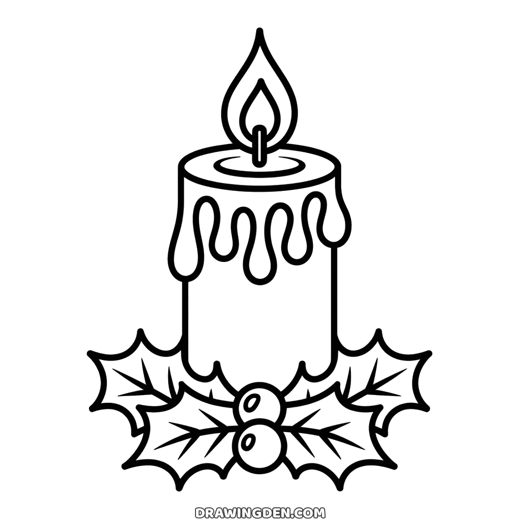 Christmas candle drawing to color: running wax, a lit flame and holly leaves at its base