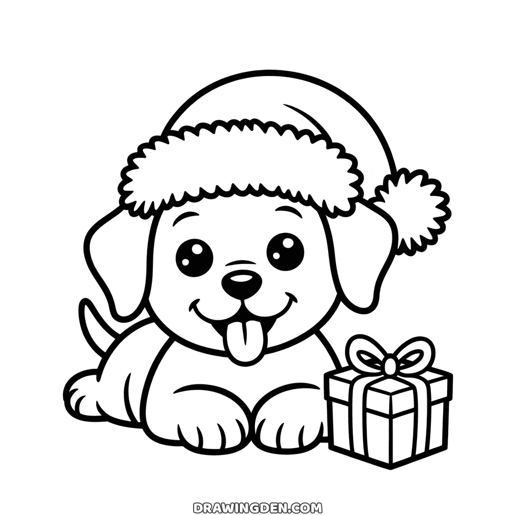 Chiot de Noël à imprimer gratuitement, allongé en bonnet à côté d'un cadeau emballé