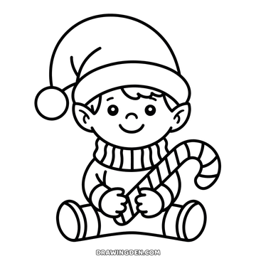 An elf sitting with legs out in front, wearing a long pointed hat with a bobble and a ribbed jumper, holding a striped candy cane in both hands