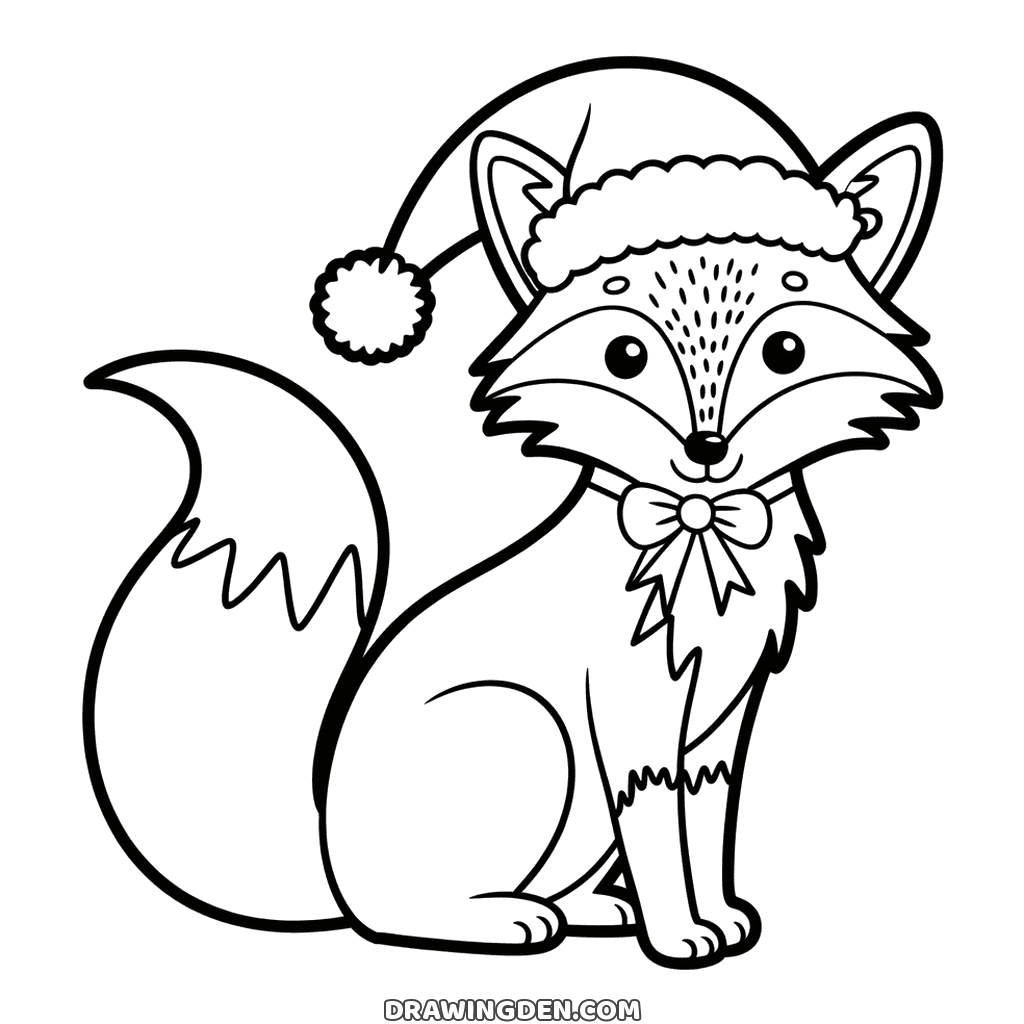 Dessin gratuit de renard de Noël à imprimer, assis en bonnet avec un nœud papillon