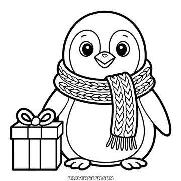 Free christmas penguin coloring page to print, wearing a knitted scarf with a wrapped gift beside it