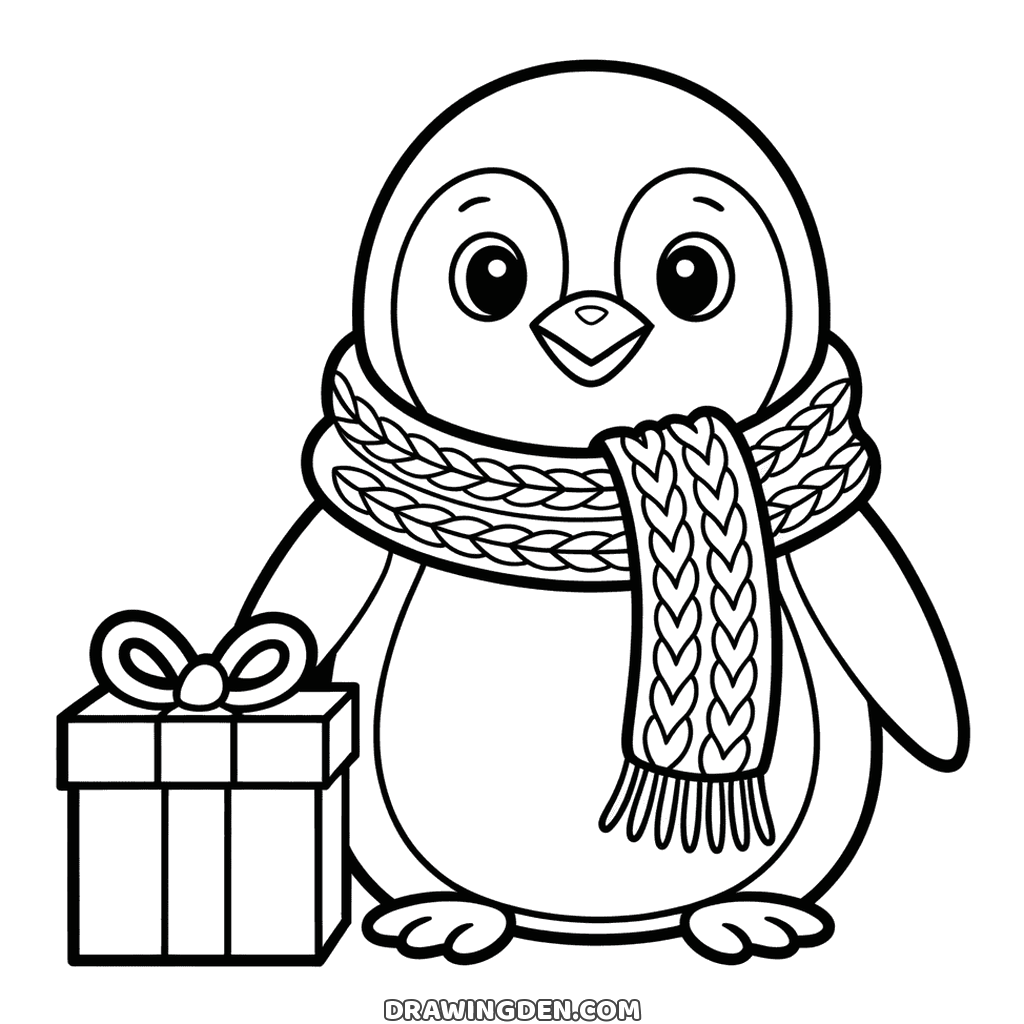 Pingouin de Noël à imprimer gratuitement, avec une écharpe tricotée et un cadeau