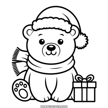 A polar bear sitting facing forward in a santa hat and a striped scarf, with a small wrapped present beside one back paw