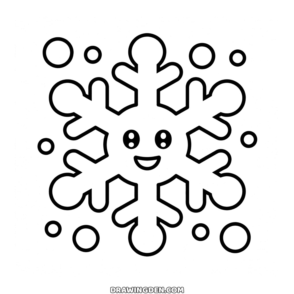 Simple snowflake drawing with a smiling face and six branching arms