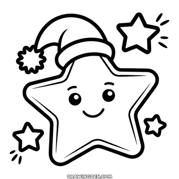 Une étoile à cinq branches avec un visage, coiffée d'un petit bonnet de Père Noël penché sur une pointe, entourée de petites étoiles et de rayons courts