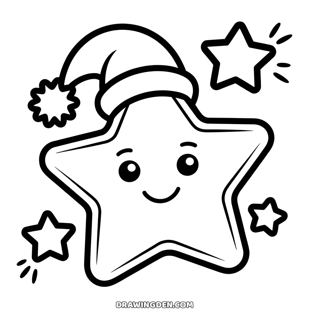 A five pointed star with a face, wearing a small santa hat tilted on one point, with smaller stars and short rays around it