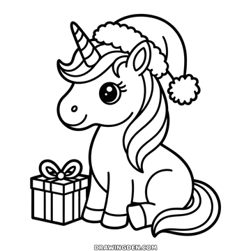 Christmas unicorn coloring page: sitting with a santa hat pulled down over its horn