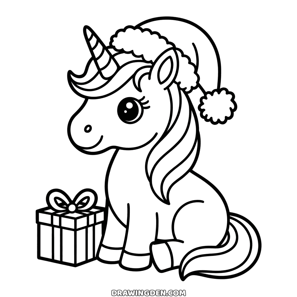Christmas unicorn coloring page: sitting with a santa hat pulled down over its horn