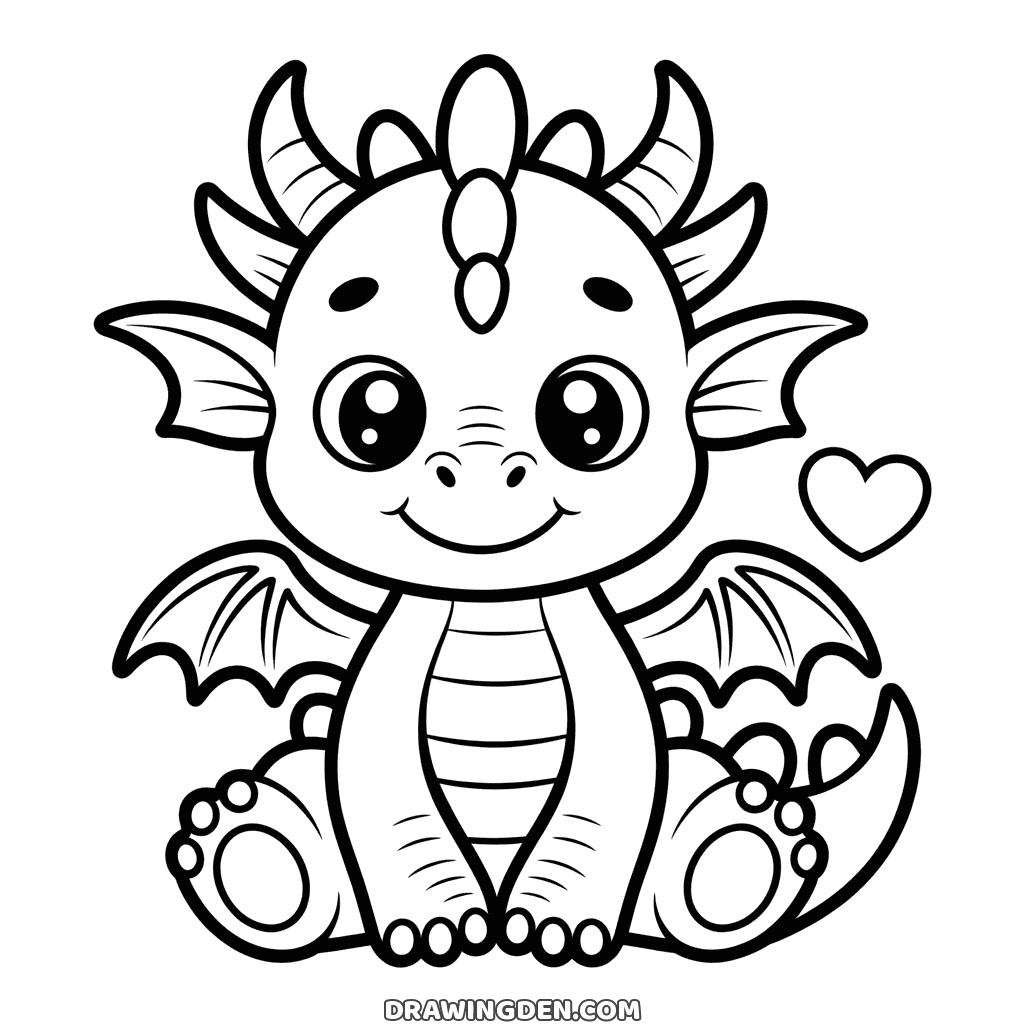 Cute dragon drawing sitting down with big eyes, small wings and a heart marked on its pale belly