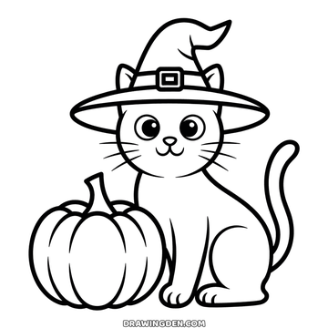 Dessin gratuit de chat noir à imprimer, coiffé d'un chapeau de sorcière à côté d'une citrouille