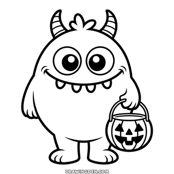 A round halloween monster with two curved horns, big eyes and a toothy grin, holding a small pumpkin pail in one hand