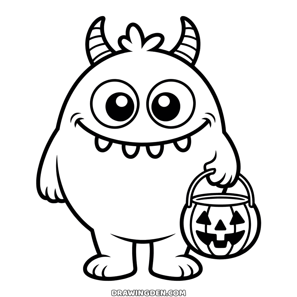 A round halloween monster with two curved horns, big eyes and a toothy grin, holding a small pumpkin pail in one hand