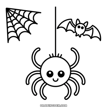 Dessin gratuit d'araignée à imprimer, suspendue à son fil avec une toile et une petite chauve-souris