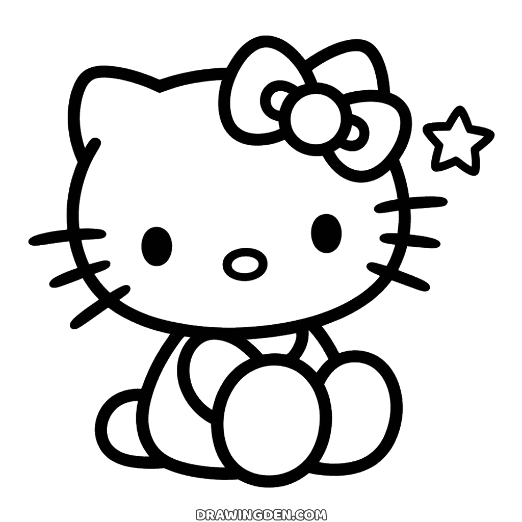 Printable drawing: Cute Hello Kitty sitting with both legs stretched forward, arms down and a single star beside her head