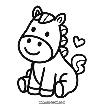 Cute horse drawing sitting down with a striped mane and a heart beside it, simple sheet for young children
