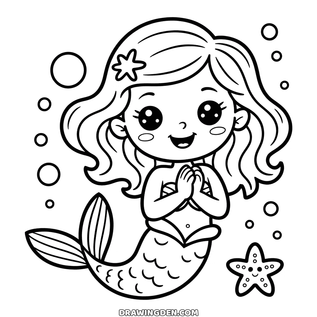 Cute mermaid drawing with big eyes and long wavy hair, her scaled tail curled round beneath her