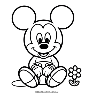 Cute Mickey Mouse with an oversized head sitting on the ground, hands on his knees, a small daisy growing beside him