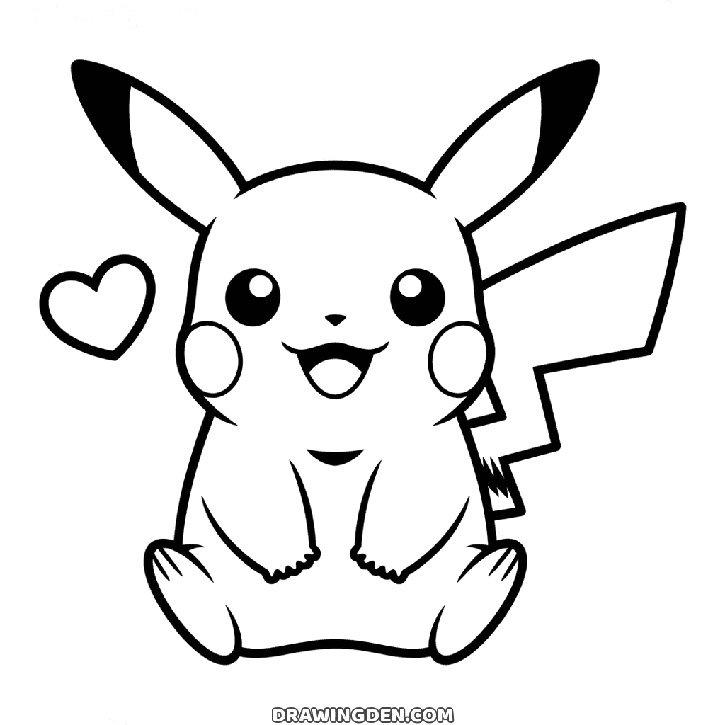 Cute Pikachu sitting with its paws together and two hearts floating beside it, kawaii Pokémon drawing to print