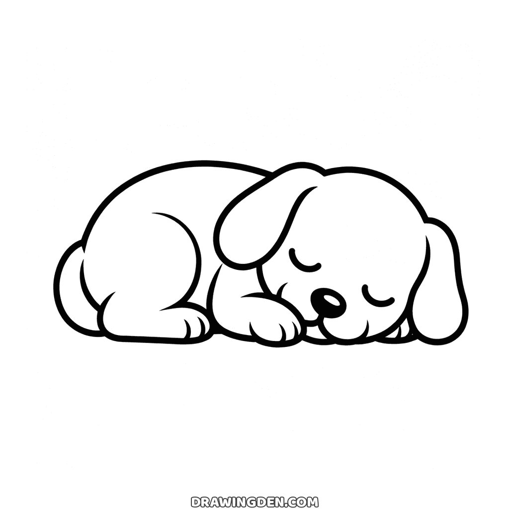 Dog coloring page: two puppies curled up asleep against one another, easy to color