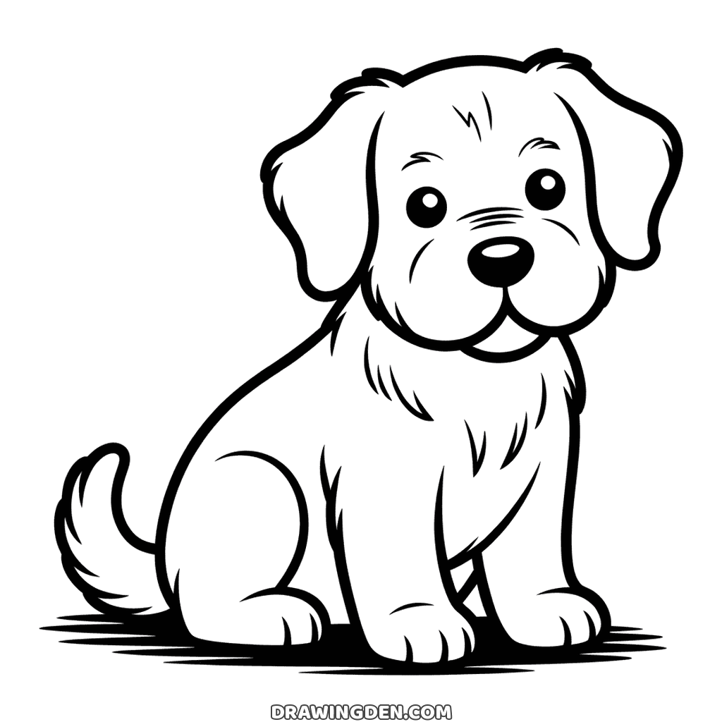 Realistic long haired dog drawing, coat in overlapping strokes and a plumed tail