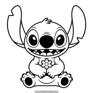 Cute Stitch drawing sitting down holding a small flower against his chest, easy printable page