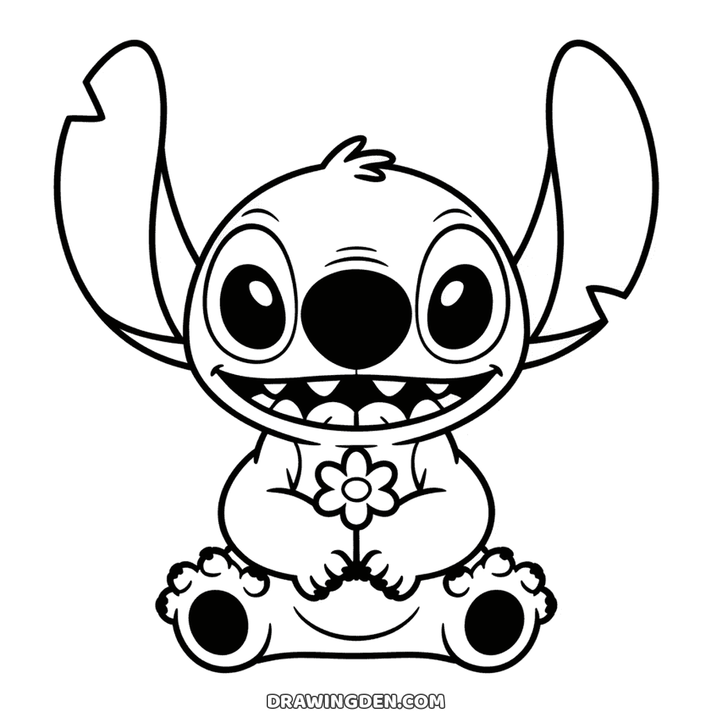 Cute Stitch drawing sitting down holding a small flower against his chest, easy printable page