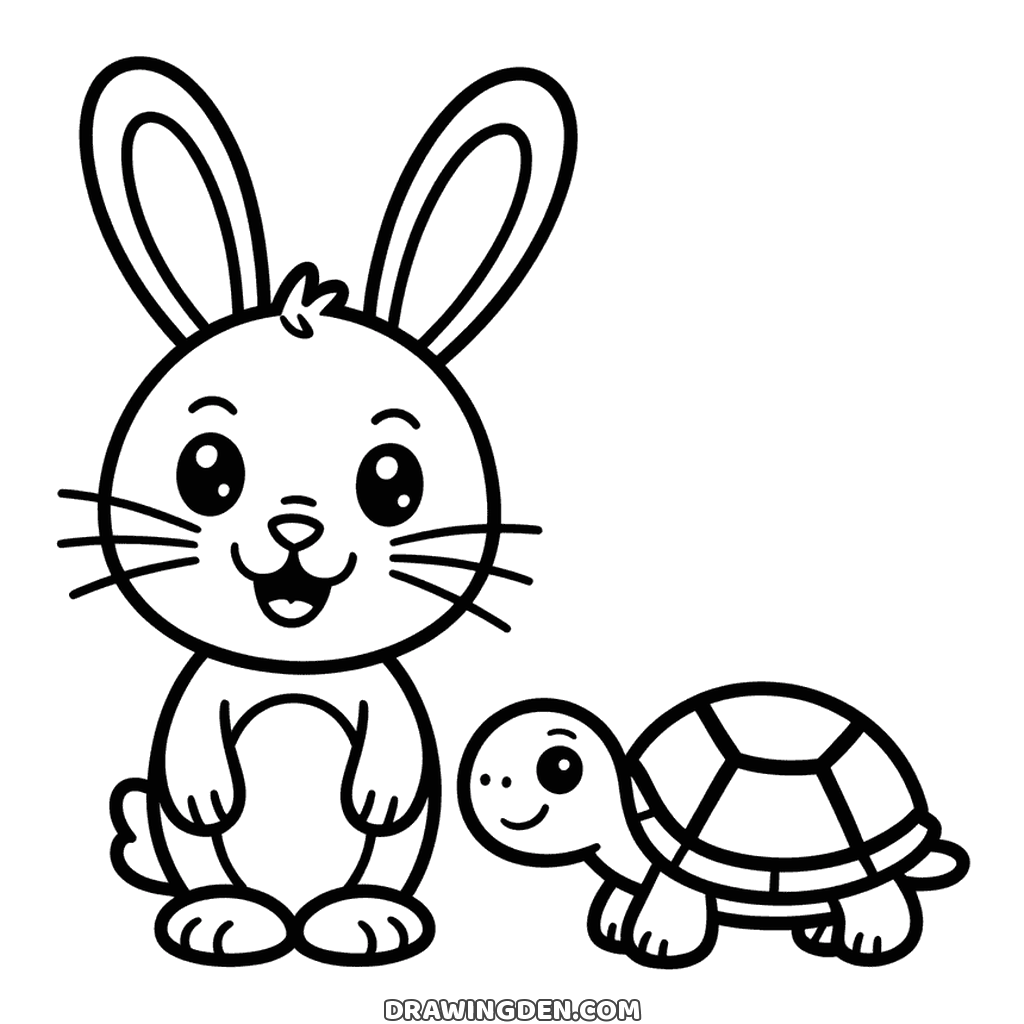 The tortoise and the hare from the fable, side by side, one patterned shell and two long ears, free rabbit coloring page