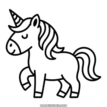 Dessin de licorne facile à imprimer : elle avance un sabot levé, crinière ondulée sur le cou