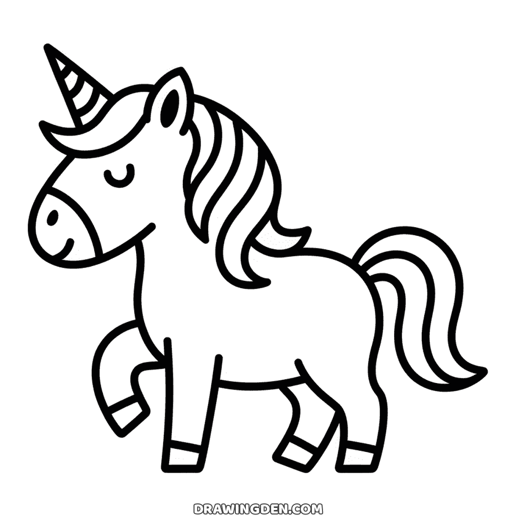 Dessin gratuit de licorne à imprimer, en pleine marche avec une crinière ondulée et la queue enroulée